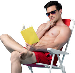Relaxing shirtless Caucasian man reading while sitting on beach chair PNG file no background 