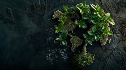 Environmentally friendly planet Symbolic tree made from green leaves and branches with sketches map...
