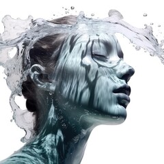 Woman's face with water effect on dark background. Portrait of young woman relaxing and closing eye with splash water. Digital art and surreal beauty concept for poster and creative design. AIG35.
