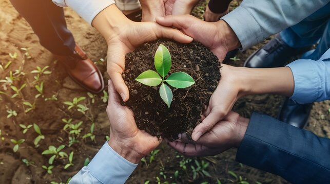Support environment and plant with hands of business people for sustainability earth day and growth Wellness teamwork and peace with group and soil for climate change future and eco fr : Generative AI