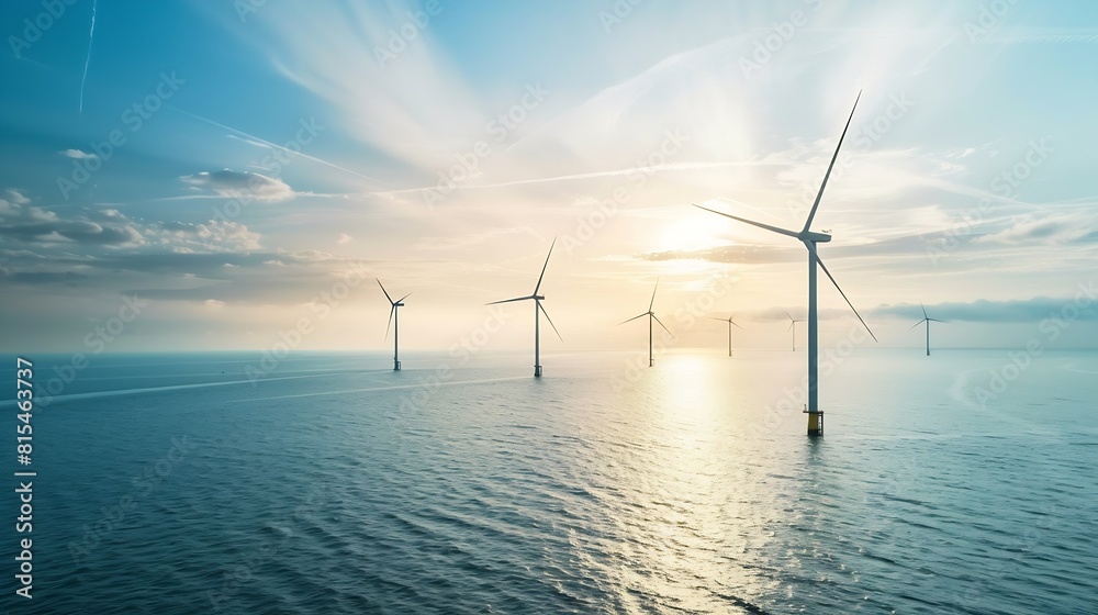 Poster offshore windmill park with clouds and a blue sky windmill park in the ocean aerial view with wind t