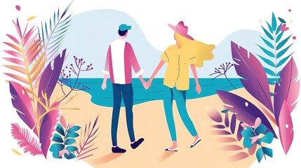 A couple is walking on the beach, holding hands