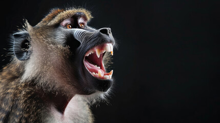 Close-up of a happy monkey on a black background. The monkey shows his white teeth.