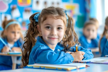 Primary school children in blue uniform in the classroom writing in their books elementary students attending a class academic concept children in a lesson little children sitting at their desks