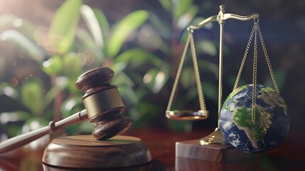 world and wooden gavel with a golden scale for law international environmental concept of business corporate and industry law world for environmental regulationsustainable environment  : Generative AI