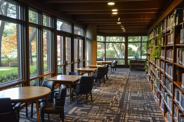 In a quiet corner of the library, a young woman sits at a table, engrossed in her book