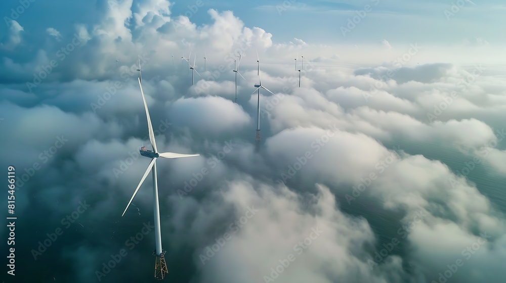 Poster offshore windmill park with clouds and a blue sky windmill park in the ocean aerial view with wind t