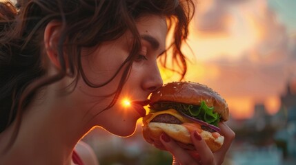 A woman is enjoying a juicy hamburger as the sun sets, savoring every bite of the staple food. The ingredients tantalize her taste buds as she admires the colorful sky and clouds AIG50