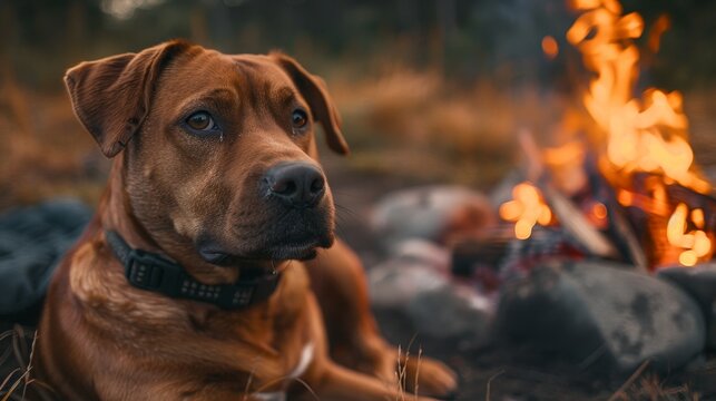 Close-up of a content brown dog next to a campfire, ideal for advertising pet-friendly campsites, capturing the essence of camping with dogs - Powered by Adobe