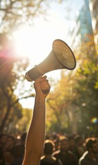 A hand holding a megaphone raised in the air. AI.