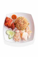 Top view of Asian fried rice, fried rice with chicken on white backgrounds.