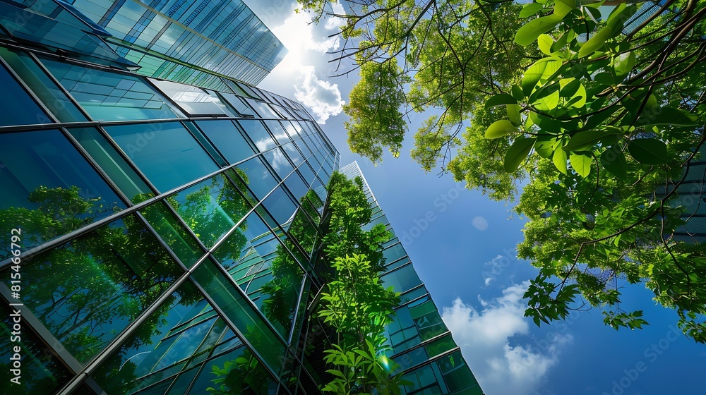 Aufkleber ecofriendly building in the modern city sustainable glass office building with trees for reducing he