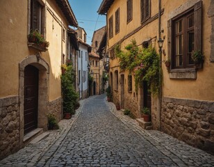 A picturesque street in an old town with charming houses and cobblestone streets.