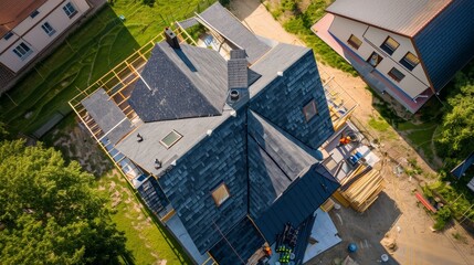 Aerial perspective of roofers on a house, focusing on the application of roofing materials and the structure of the property