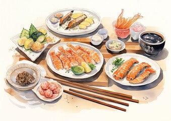 Restaurant color sushi menu. AI generated