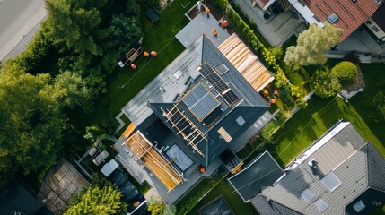 Aerial perspective of roofers on a house, focusing on the application of roofing materials and the structure of the property