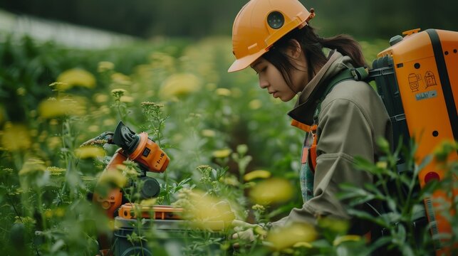 Farmer utilizing a robot worker for biodynamic farming practices  front view  Biodynamic aid  robotic tone  Analogous Color Scheme