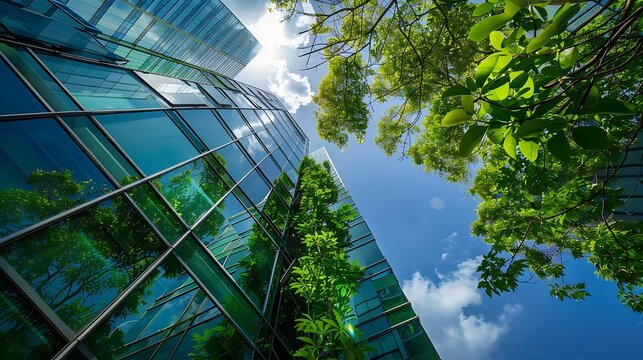 Fototapeta Ecofriendly building in the modern city Sustainable glass office building with trees for reducing heat and carbon dioxide Office building with green environment Corporate building redu : Generative AI