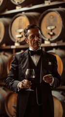 A man in a suit and bow tie holds a glass of red wine in a wine cellar. AI.