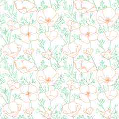 white seamless pattern with contours of Eschscholzia flowers. California poppy - vector decorative ornament. Pastel colored