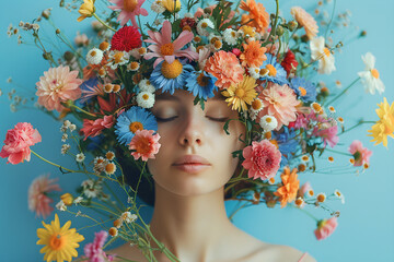 Woman with flowers on her head symbolizing mental health, happiness and positive thoughts.