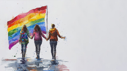 Watercolor paint of many women holding rainbow flag for pride celebration