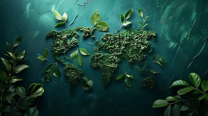 Environmentally friendly planet Poster Earth day The map of the world made from green leaves and...