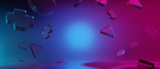 3d illustration rendering of joystick button controller floating for gamer technology futuristic cyberpunk display, gaming scifi stage pedestal background © issaronow