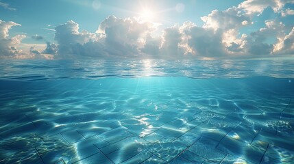 Bright sun illuminating clear blue water with tiled floor, ocean and sky background.