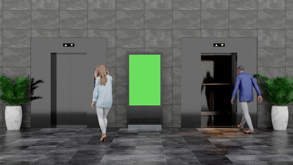 3D illustration. Mockup billboard and two elevators. Useful for your advertising. Panoramic 3D rendering