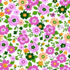 Cute floral pattern in the small flower. Vector seamless pattern.  Small pink and orange flowers. White background. Design for fashion textiles, fabric, print, graphics, backgrounds and crafts.