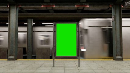 Empty billboard with a green screen for advertising on a subway station. 3D illustraton