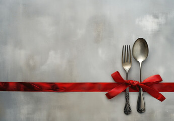 a red ribbon with a fork and a spoon with copy space for text on light white and silver background