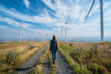 A woman walks down a dirt road in front of a field of wind turbines - Powered by Adobe