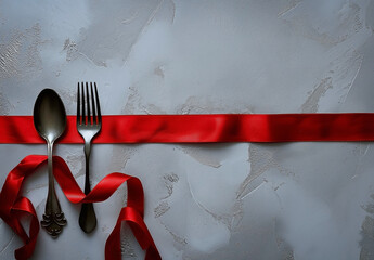 a red ribbon with a fork and a spoon with copy space for text on light white and silver background