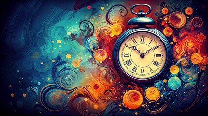 Abstract Concept of Time with Vintage Clock and Colorful Swirls - Surreal Artwork

