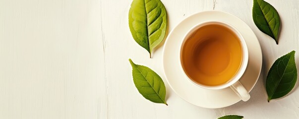 white cup filled with green tea, surrounded by scattered fresh leaves on a bright white background.
