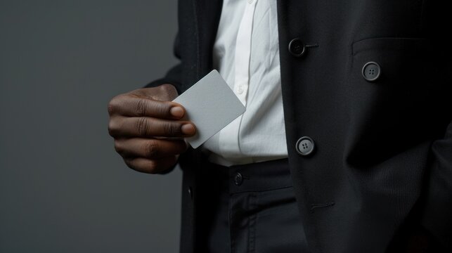 Close-up of a black man in a suit holding a white business card