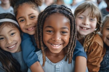 Schoolchildren embracing happy. Multi cultural racial classroom