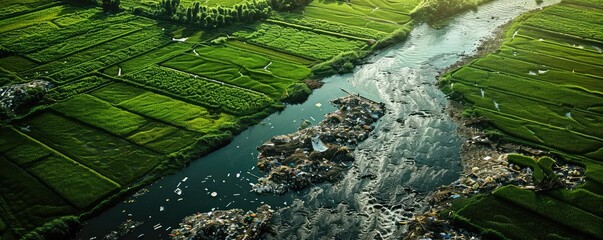 river dividing lush green fields with traces of pollution seen as floating debris.