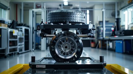 Robot operated tool for fast and accurate wheel balancing in auto shops  front view  Wheel balancing bot  advanced tone  Tetradic color scheme