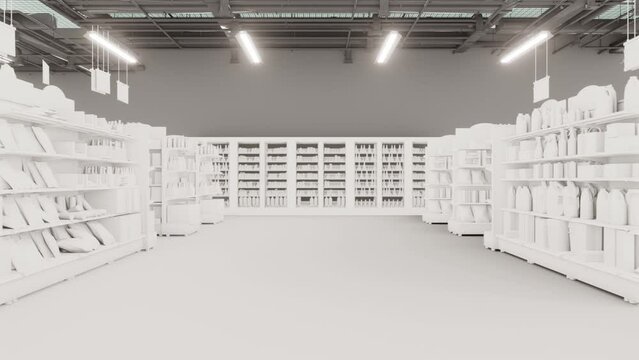 Grocery store interior with shelves of goods. 3d animation
