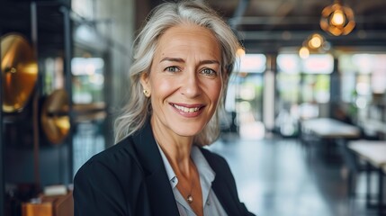 Fototapeta premium Happy smiling senior businesswoman or lady executive business leader manager looking at camera in office.