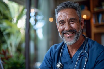 A smiling doctor in a blue scrubs shirt is posing for a picture - Powered by Adobe
