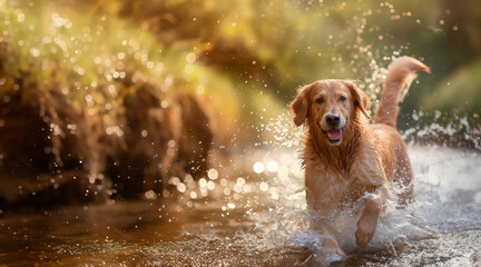 A Happy Golden Retriever Frolics In A Sunlit River, Creating Beautiful Splashes Around It