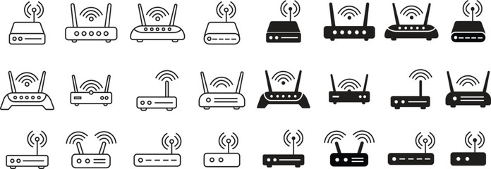 Internet connection business concept. Set of Routers icons in flat styles with editable stock. Icons for mobile apps and websites. Broadband vectors illustration pictogram on transparent background.