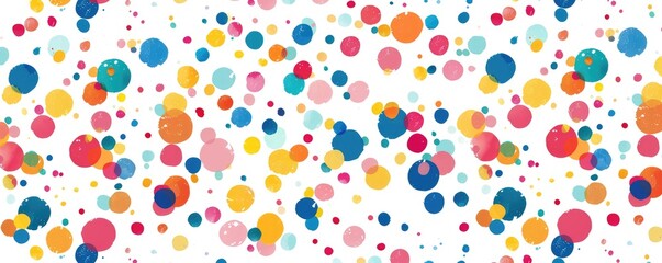 Colorful painted dots in various sizes sprinkled on a white background, presenting a joyful and playful expression.