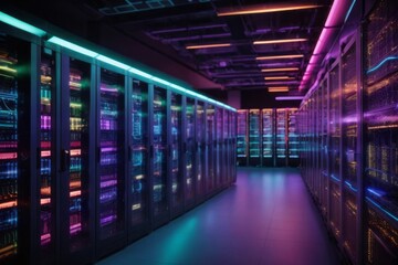 Fototapeta premium Data center server room with server racks and telecommunication equipment with modern technology