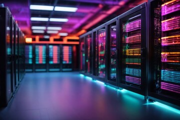 Data center server room with server racks and telecommunication equipment with modern technology