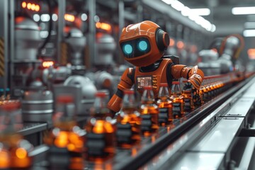 artificial intelligence robot and alcohol bottles on a conveyor line in a factory and packaging, processing and export